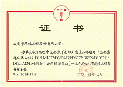 2013年度四川省建设工程天府杯金奖巴南高速